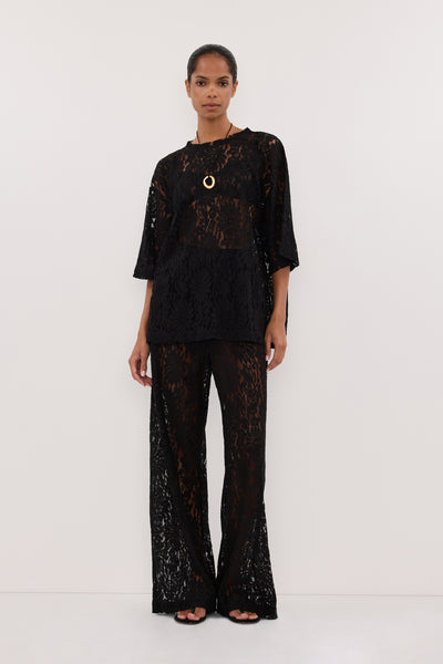 Kristen wearing WILMA BLACK LACE TEE