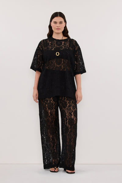 Jasmine wearing WILMA BLACK LACE TEE