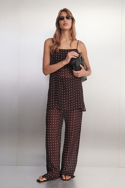 Yulia wearing VANESSA BITTER CHOC SLEEVELESS SPOT CAMI TOP