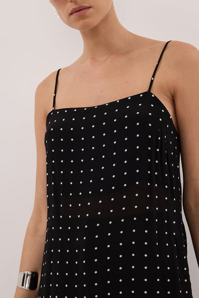 Stas wearing VANESSA BLACK SLEEVELESS SPOT CAMI TOP