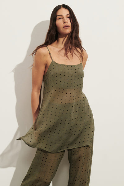 Helena  wearing VANESSA KHAKI SLEEVELESS SPOT CAMI TOP