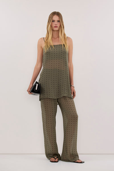Zoe wearing VANESSA KHAKI SLEEVELESS SPOT CAMI TOP