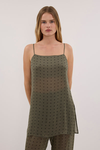 Zoe wearing VANESSA KHAKI SLEEVELESS SPOT CAMI TOP