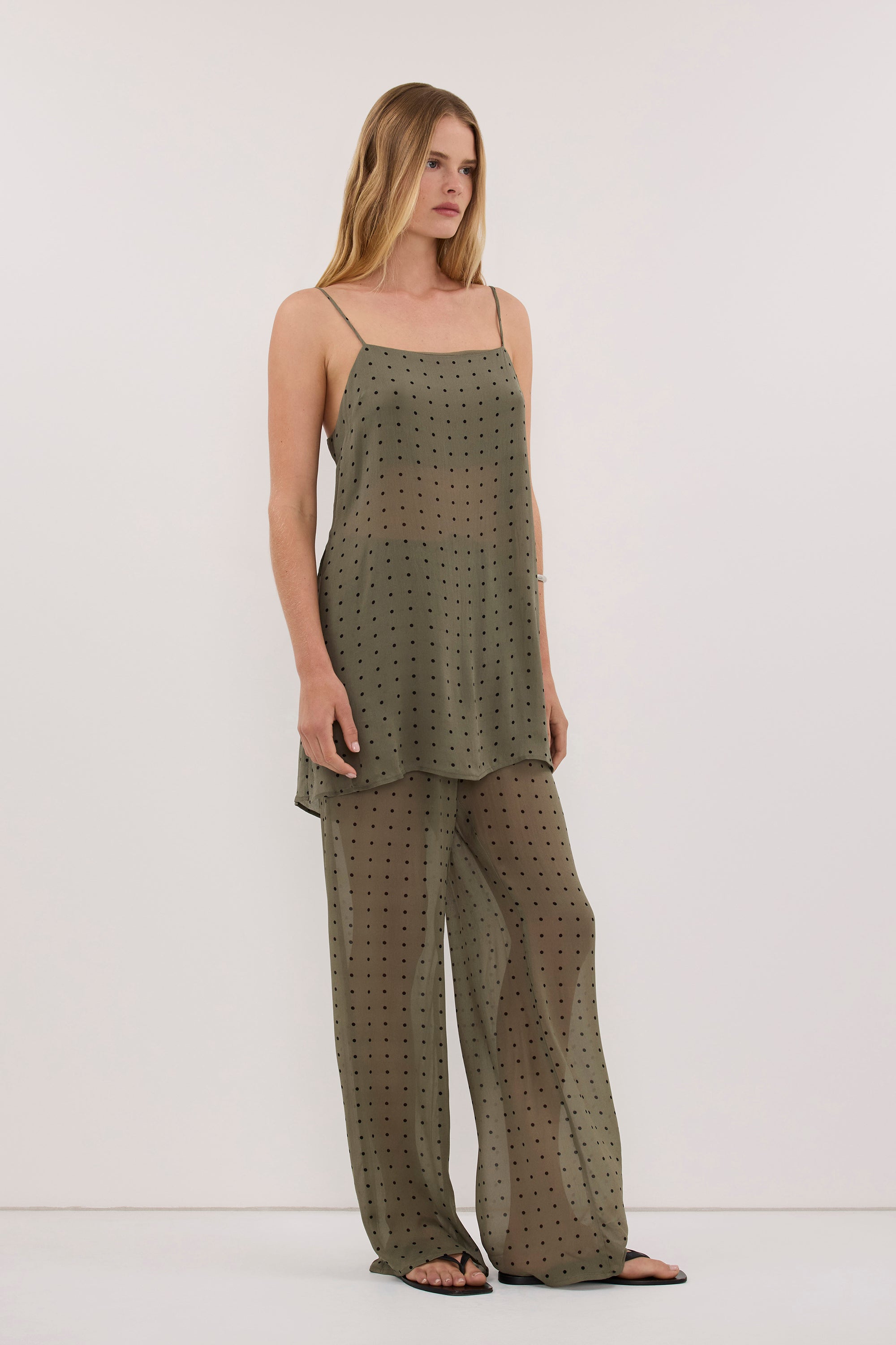 VANESSA KHAKI SLEEVELESS SPOT CAMI TOP