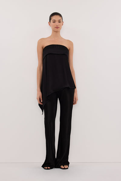 Aude wearing SANDER BLACK STRAPLESS SATIN TOP