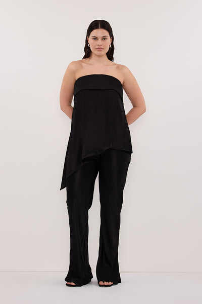 Jasmine wearing SANDER BLACK STRAPLESS SATIN TOP