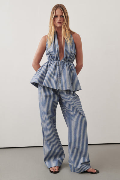 Zoe wearing GRACIE BLUE STRIPE HALTER TOP