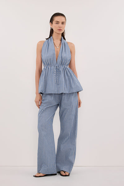 Stas wearing GRACIE BLUE STRIPE HALTER TOP