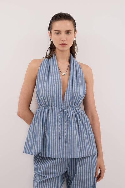 Stas wearing GRACIE BLUE STRIPE HALTER TOP