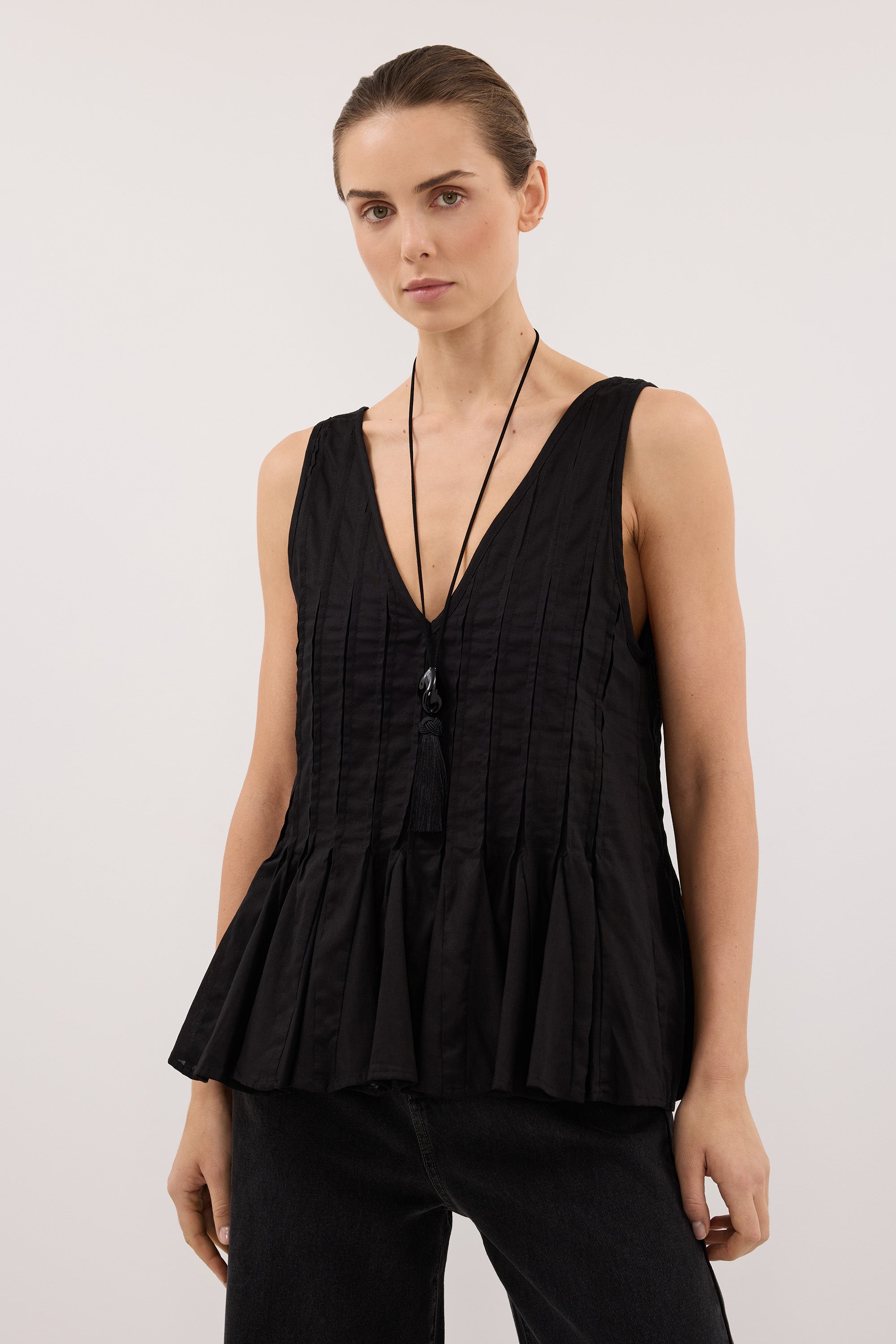 PIXIE BLACK LINEN GODET TOP