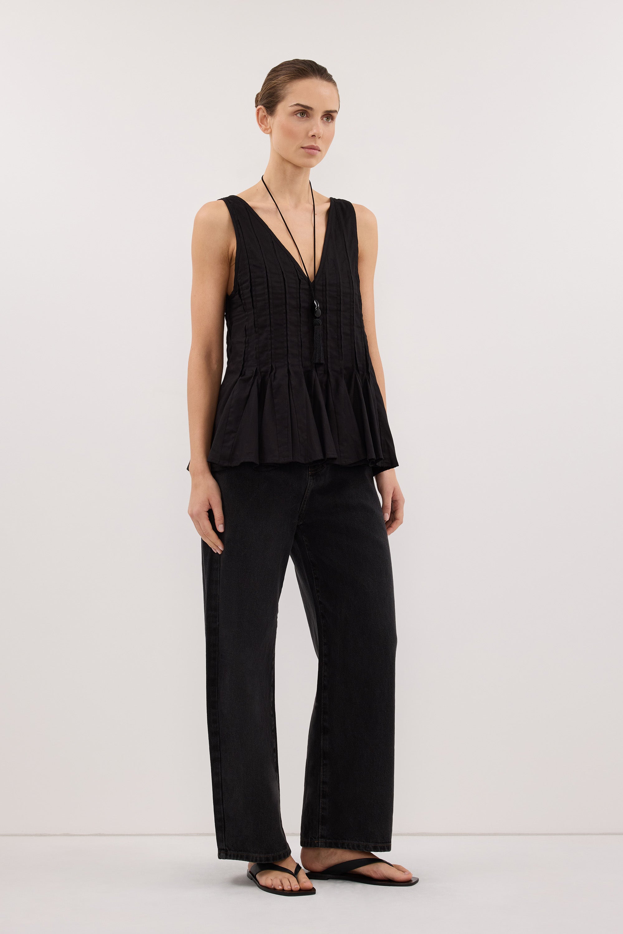PIXIE BLACK LINEN GODET TOP
