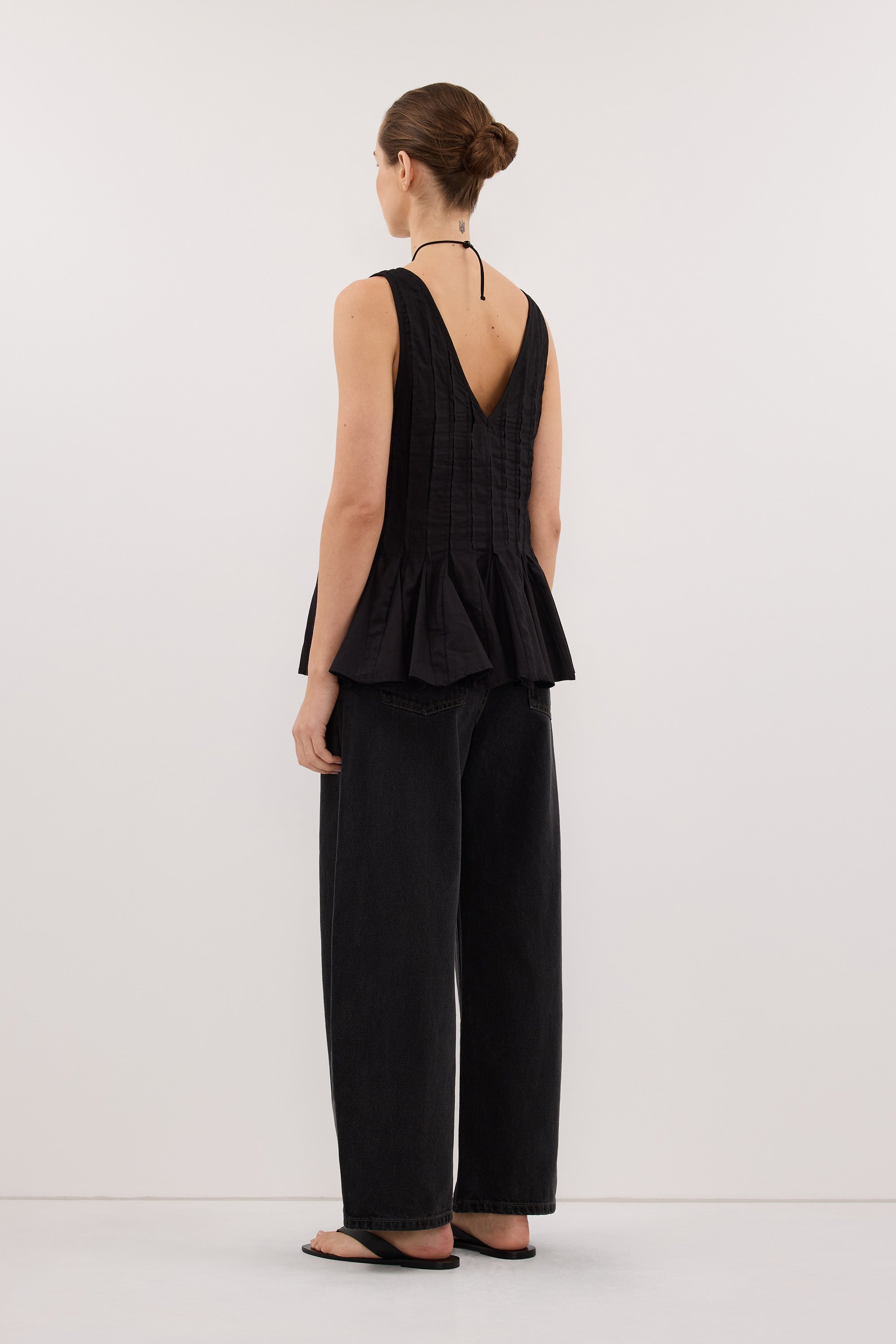 PIXIE BLACK LINEN GODET TOP