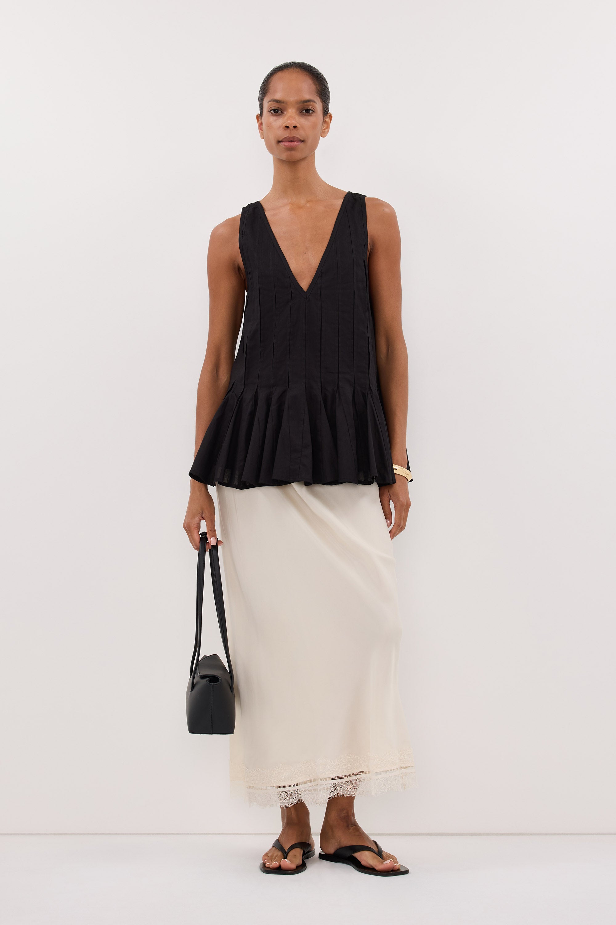 PIXIE BLACK LINEN GODET TOP