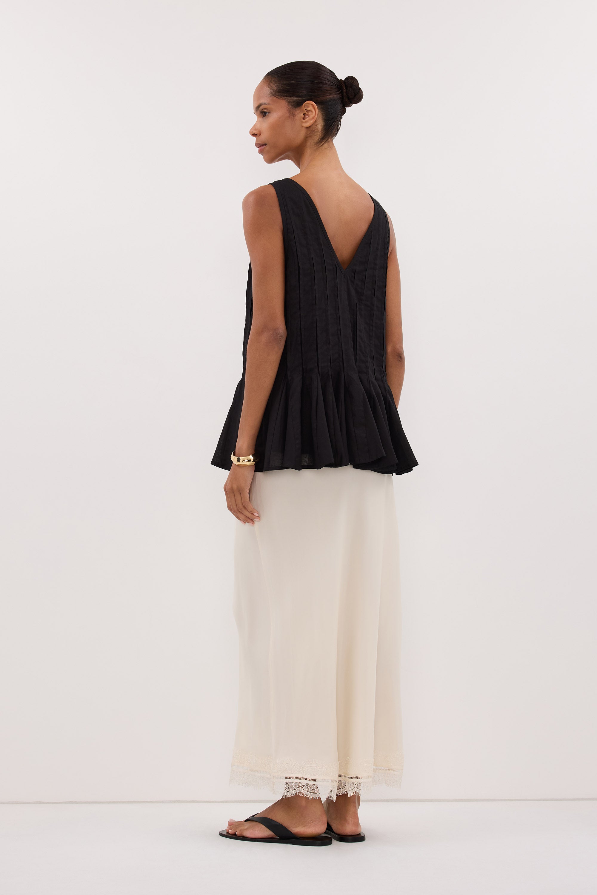 PIXIE BLACK LINEN GODET TOP