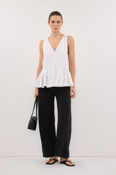 Stas wearing PIXIE WHITE LINEN GODET TOP