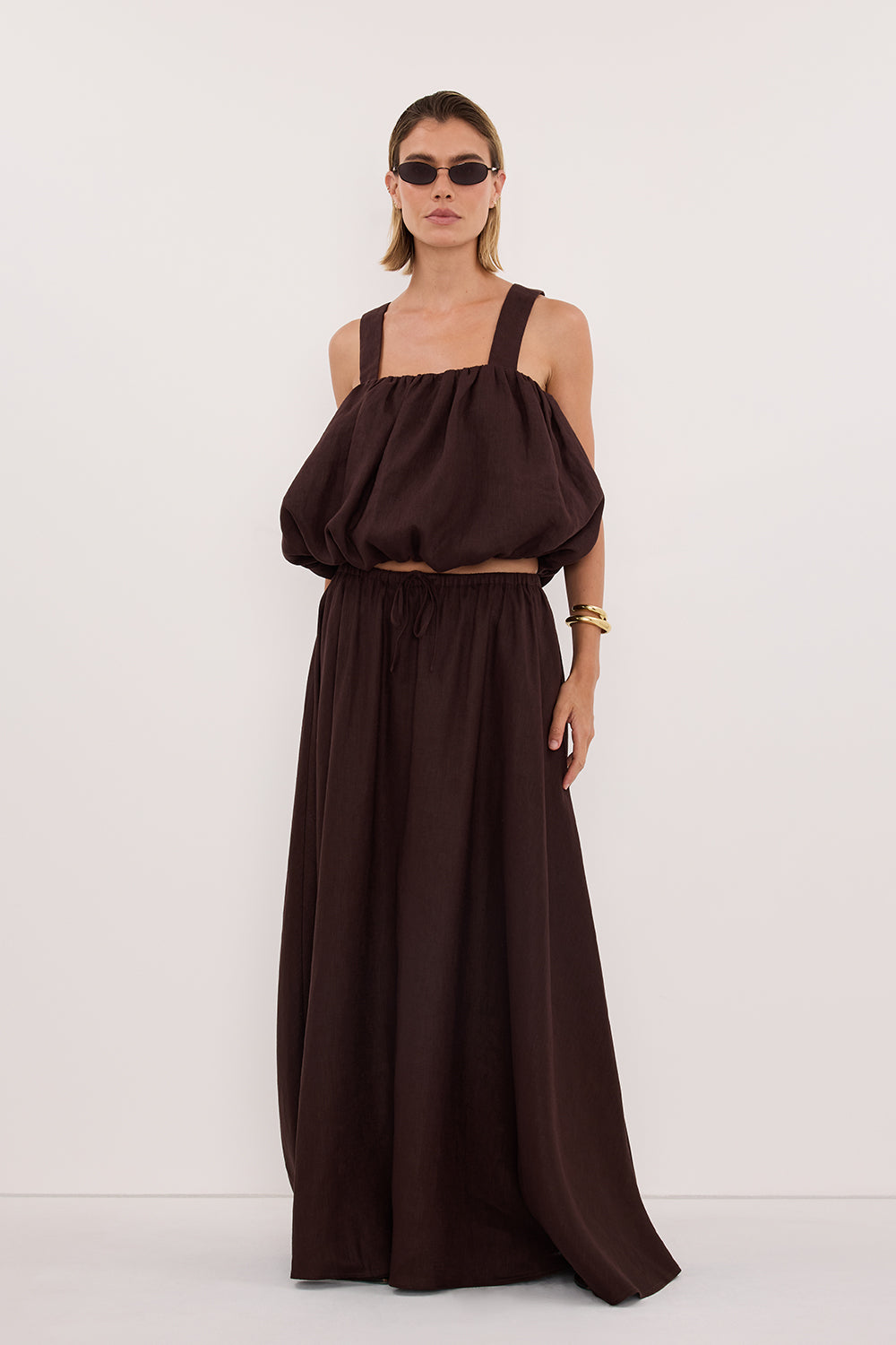 RAVELLO BURNT CHOC LINEN BUBBLE TOP