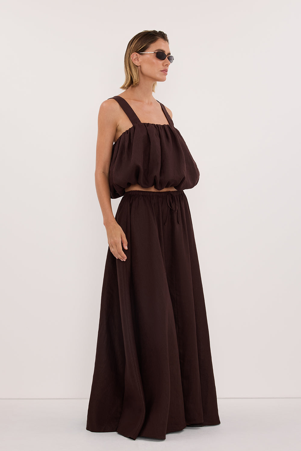 RAVELLO BURNT CHOC LINEN BUBBLE TOP