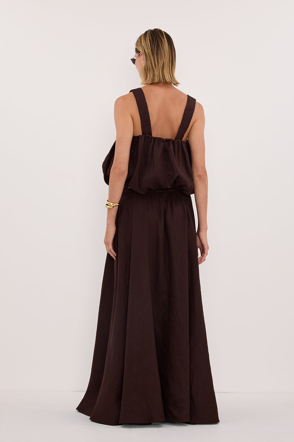 RAVELLO BURNT CHOC LINEN BUBBLE TOP