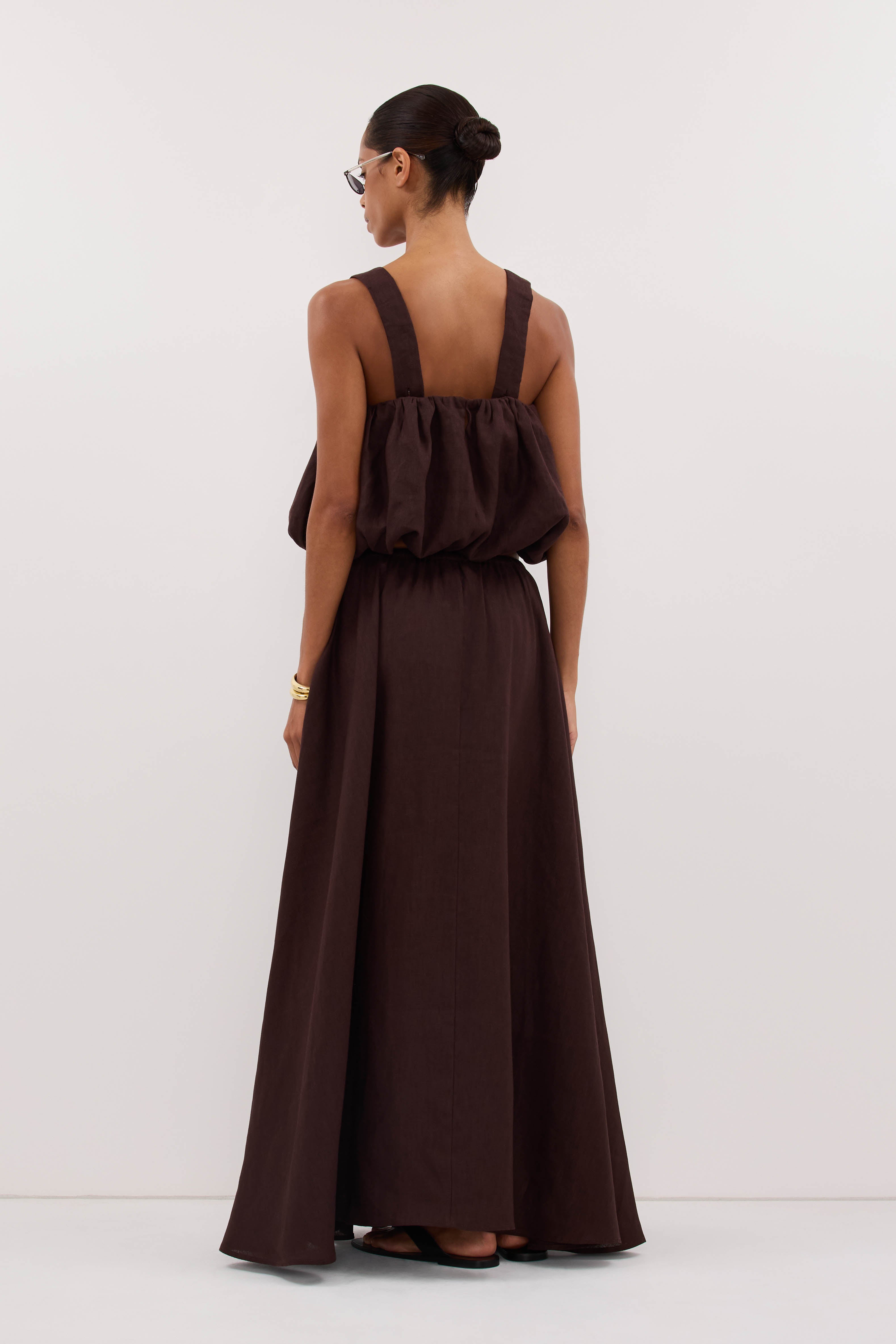 RAVELLO BURNT CHOC LINEN BUBBLE TOP