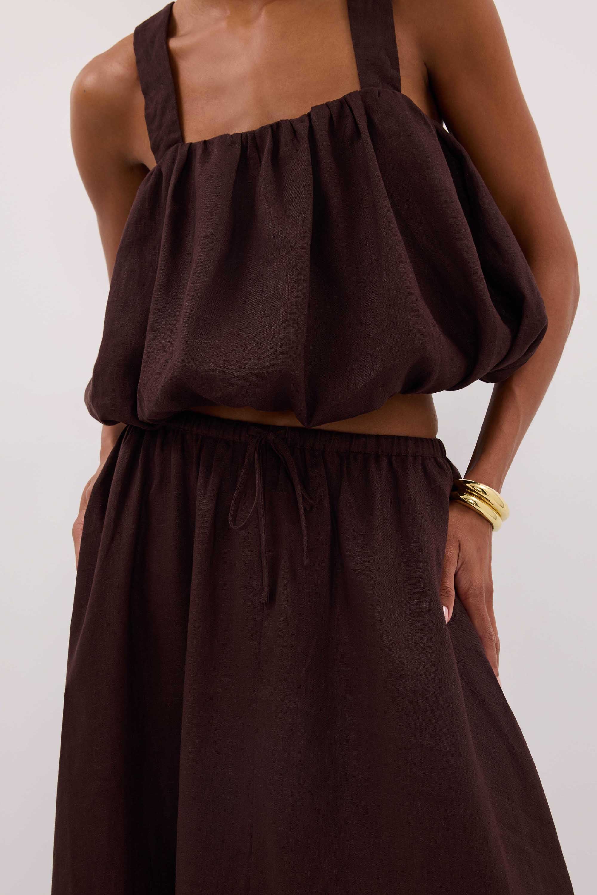 RAVELLO BURNT CHOC LINEN BUBBLE TOP