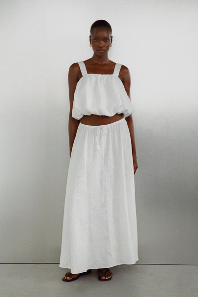Ayen wearing RAVELLO WHITE LINEN BUBBLE TOP