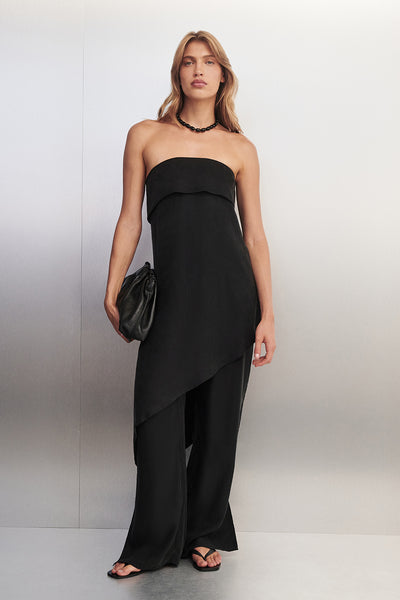 Yulia wearing VENUS BLACK CUPRO ASYM TOP
