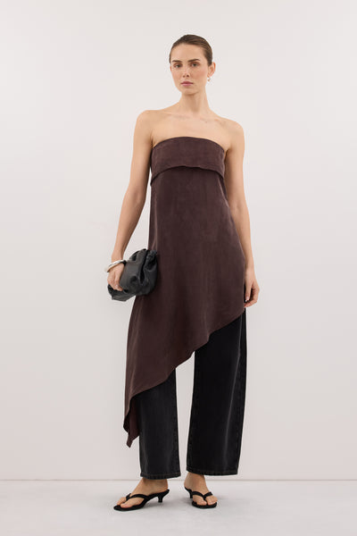 Stas wearing VENUS PLUM CHOC CUPRO ASYM TOP