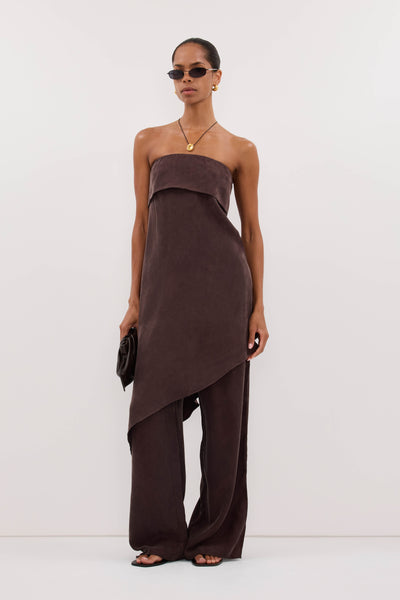 Kristen wearing VENUS PLUM CHOC CUPRO ASYM TOP