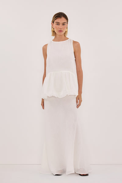 Joanna wearing ARLO WHITE RAMIE DROP WAIST TOP