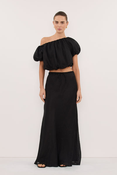 Stas wearing ARLO BLACK RAMIE OFF SHOULDER BUBBLE TOP