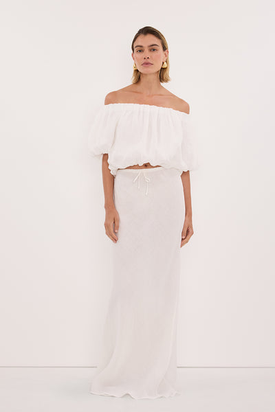 Joanna wearing ARLO WHITE RAMIE OFF SHOULDER BUBBLE TOP