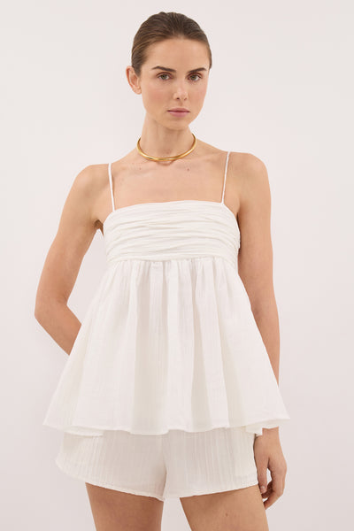 Stas wearing CASEY IVORY CRINKLE RAMIE TOP