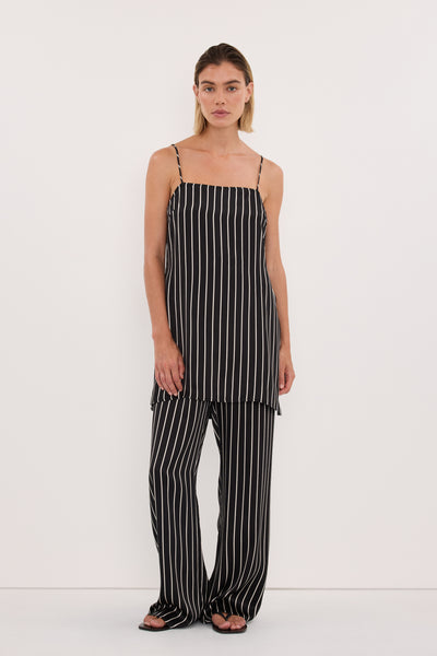 Joanna wearing ADRIENNE BLACK STRIPE SILK CAMI