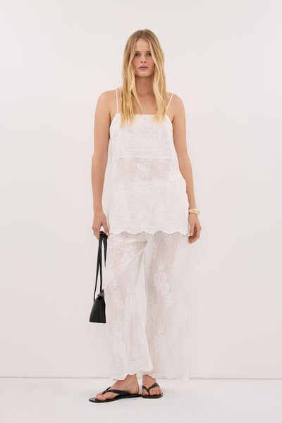 Zoe wearing CORDELIA WHITE RAMIE CAMI TOP