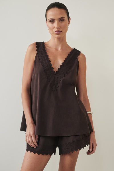 Casey wearing ANNABEL BURNT CHOC V NECK TOP