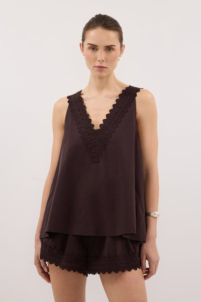 Stas wearing ANNABEL BURNT CHOC V NECK TOP