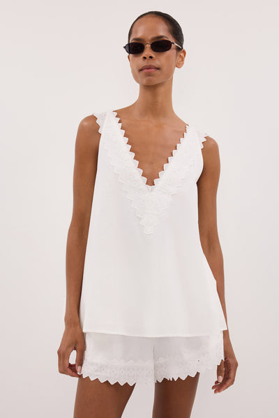 Kristen wearing ANNABEL WHITE V NECK TOP