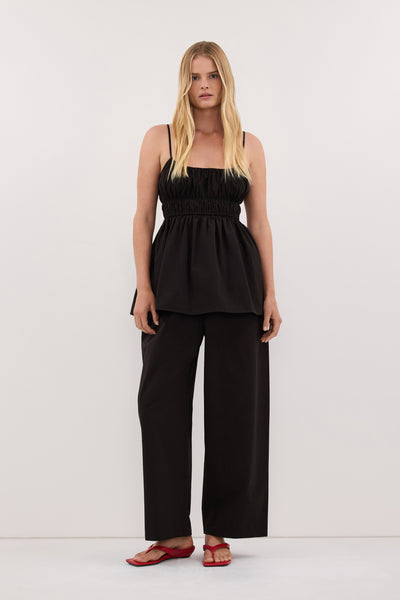 Zoe wearing ZAHARA BLACK POPLIN RUCHED TOP