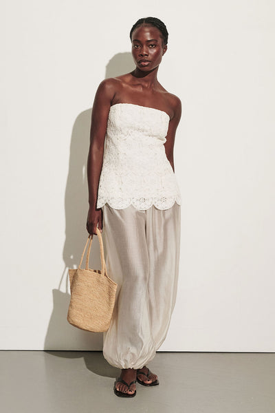 Cynthia wearing LENA IVORY SHEER BALLOON PANT