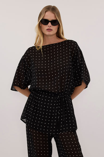 Zoe wearing VANESSA BLACK SPOT PRINT TEE