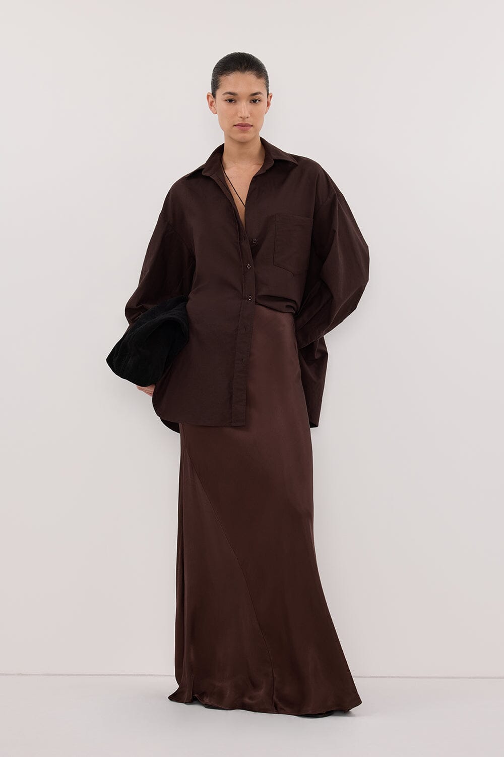 CHARLI BITTER CHOC SATIN MAXI SKIRT