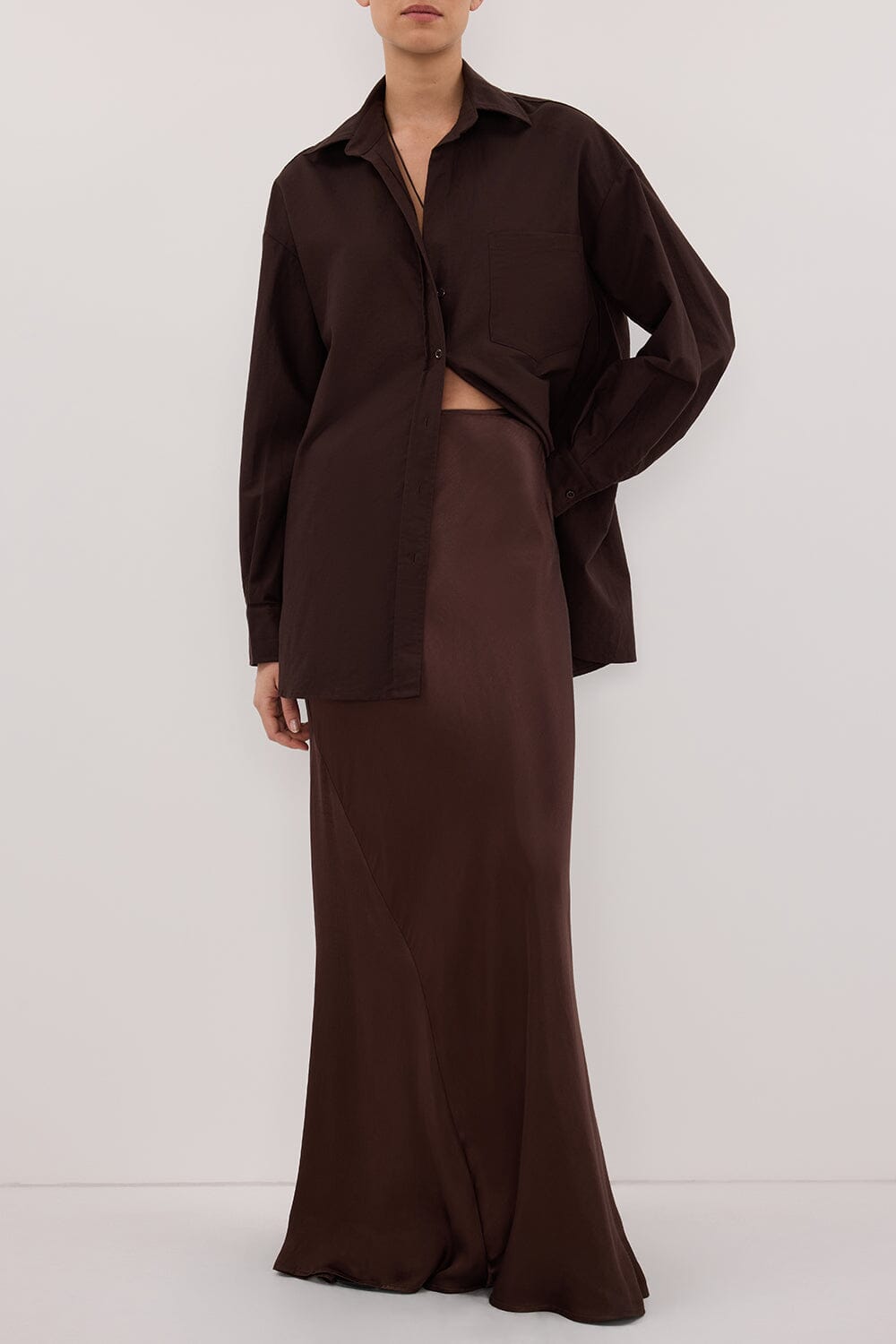CHARLI BITTER CHOC SATIN MAXI SKIRT
