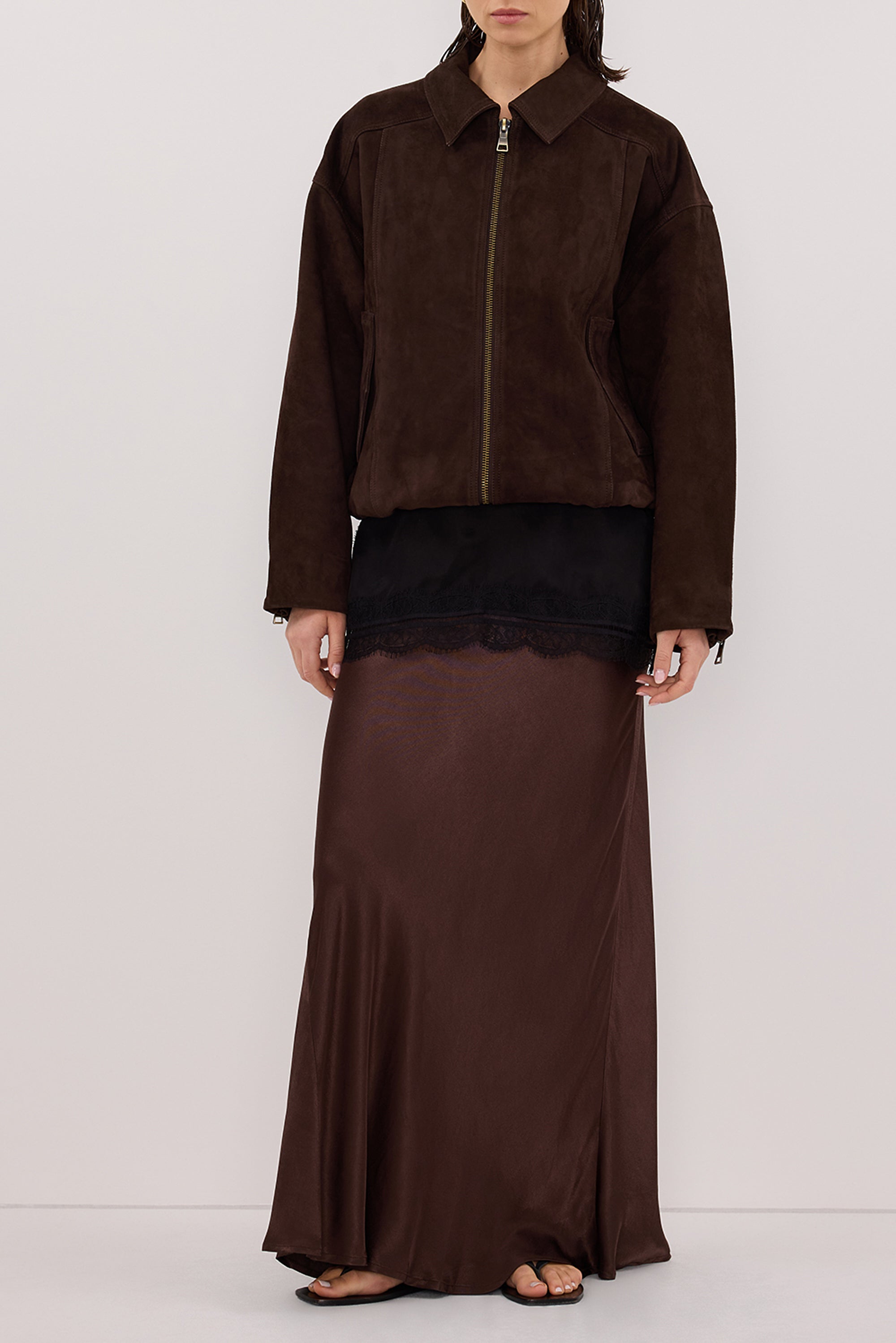 CHARLI BITTER CHOC SATIN MAXI SKIRT