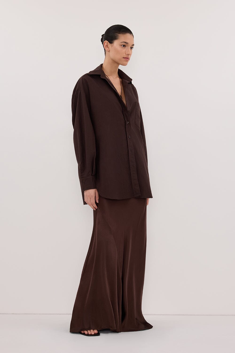 CHARLI BITTER CHOC SATIN MAXI SKIRT