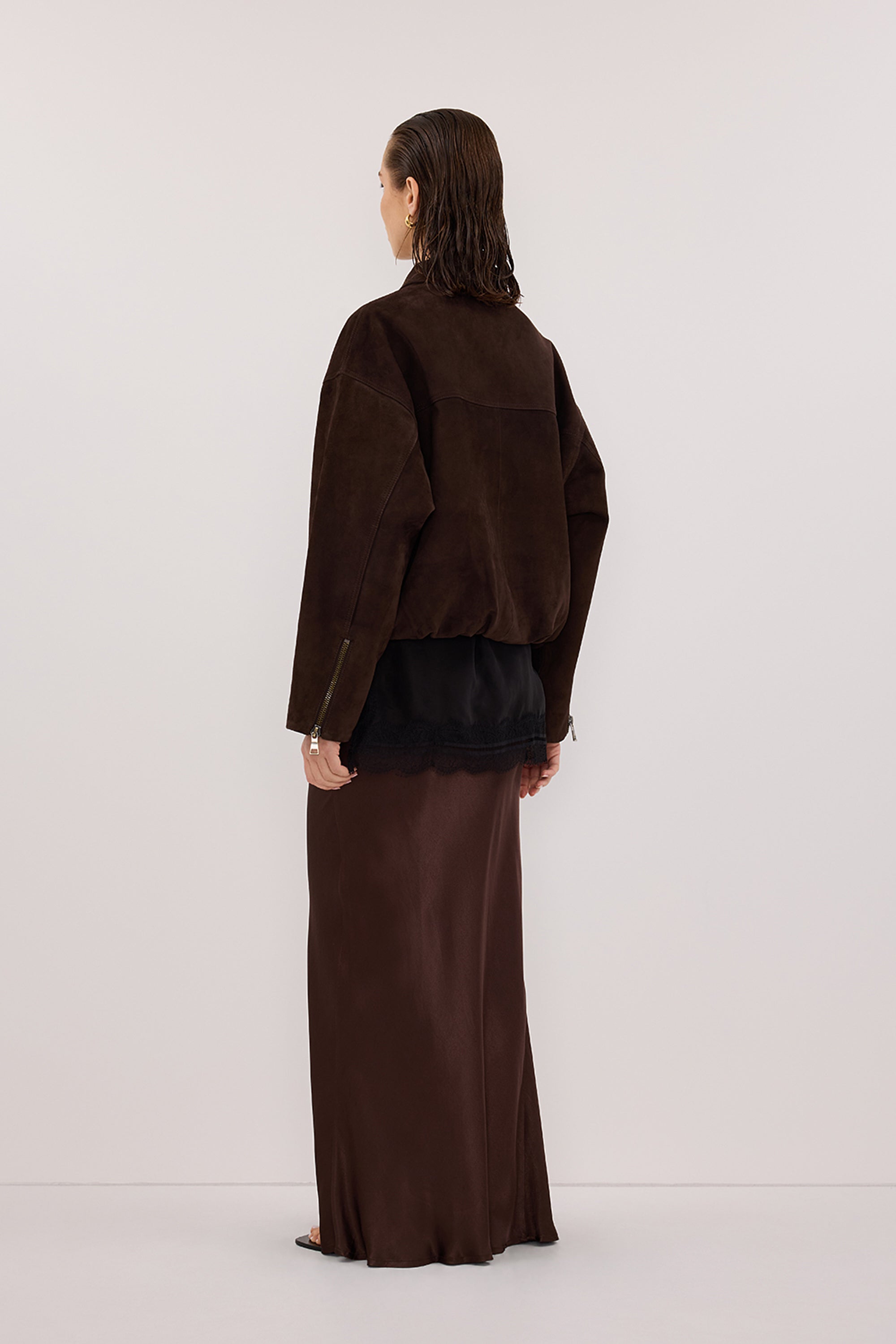 CHARLI BITTER CHOC SATIN MAXI SKIRT