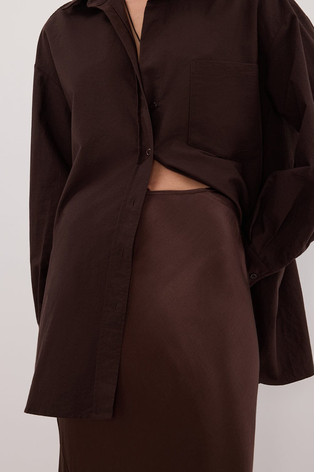 CHARLI BITTER CHOC SATIN MAXI SKIRT