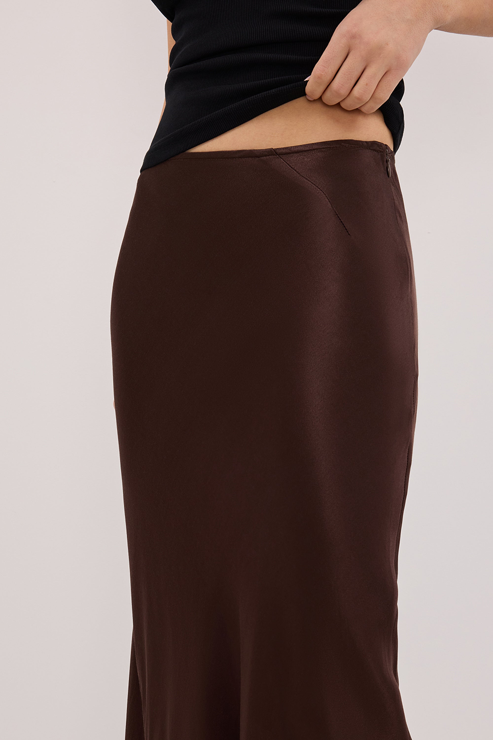 CHARLI BITTER CHOC SATIN MAXI SKIRT