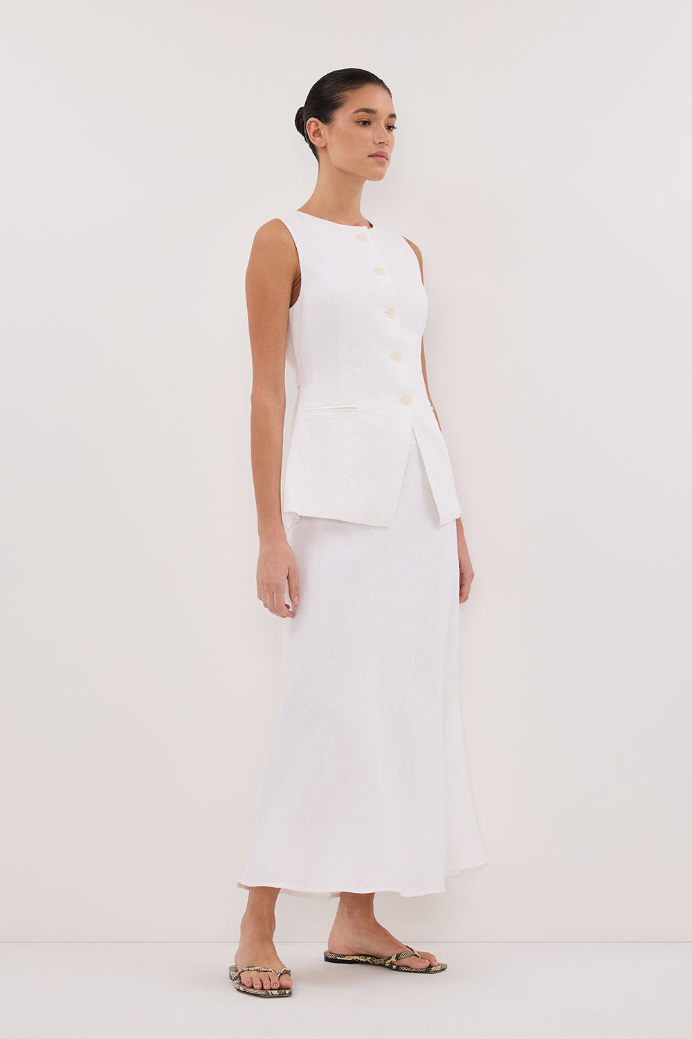 TYRA WHITE LINEN MIDI SKIRT