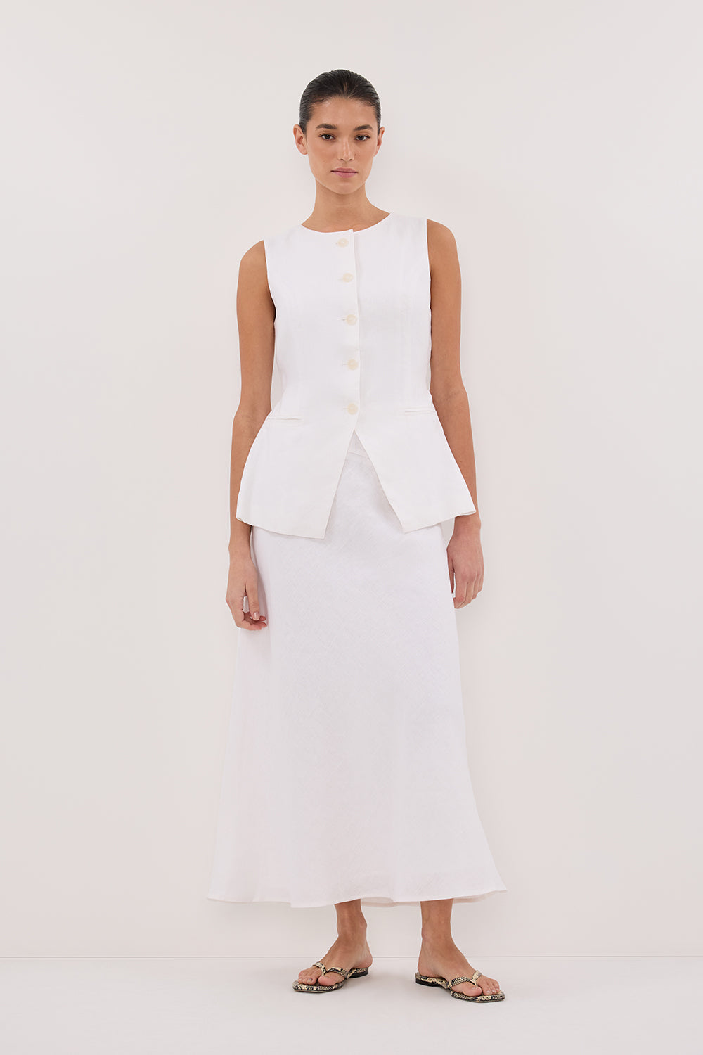 TYRA WHITE LINEN MIDI SKIRT