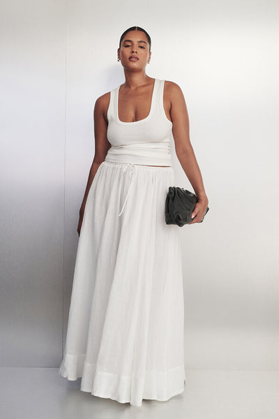 Aude wearing LAYNE WHITE RAMIE MAXI SKIRT